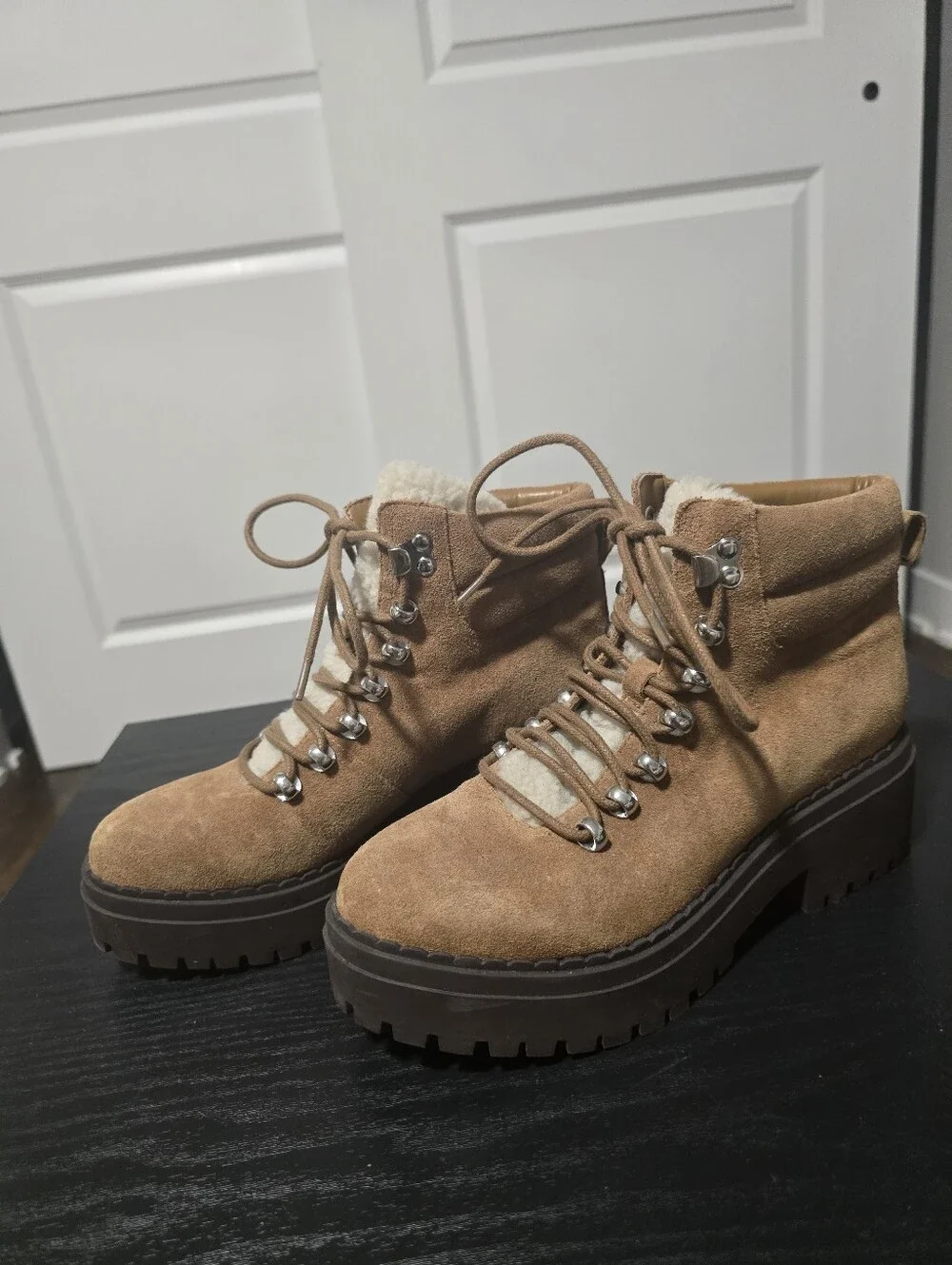 MARC FISHER Tan Suede Shearling-Lined Hiker Boots